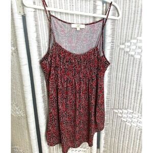 🍂 LOFT Red Black Ditsy Floral‎ Pintuck Pleats Bodice Tank Top Sleeveless Cami L